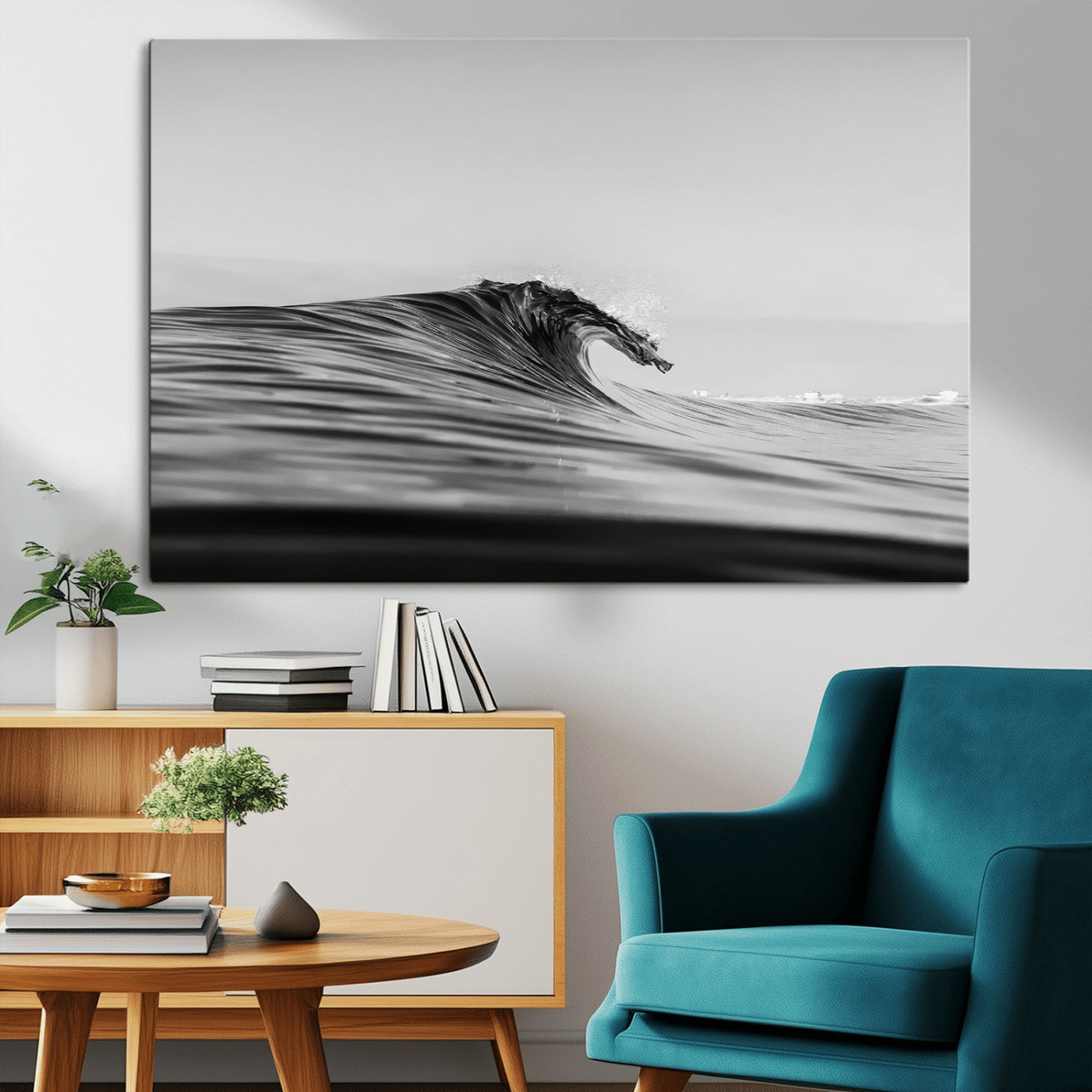 Striking black and white photo of a curling wave, ideal for modern coastal or minimalist wall decor settings.