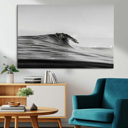 Striking black and white photo of a curling wave, ideal for modern coastal or minimalist wall decor settings.