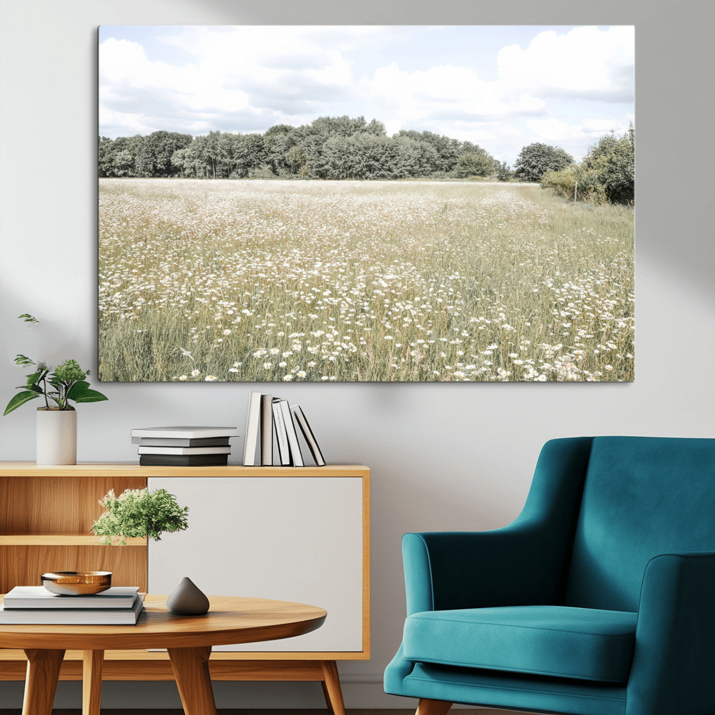 Soft-toned image of a wild daisy field under a cloudy sky, ideal for neutral or Scandinavian-inspired home decor.