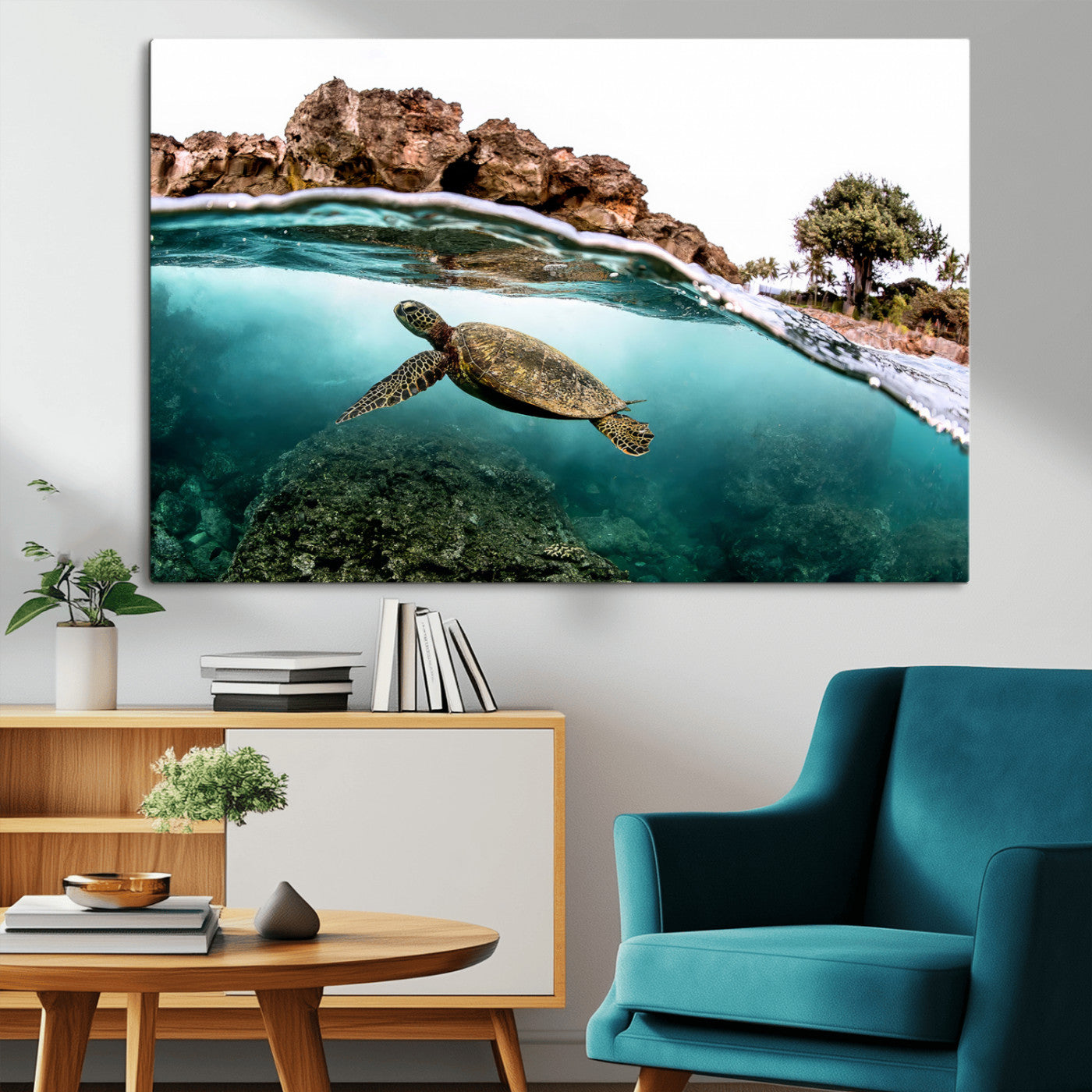 Dynamic split-view photo of a sea turtle swimming near rocky shores, perfect for vibrant coastal or tropical beach home decor.