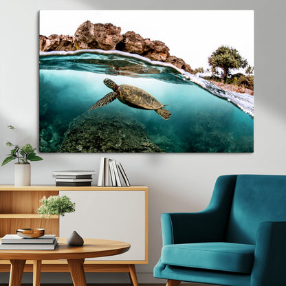 Dynamic split-view photo of a sea turtle swimming near rocky shores, perfect for vibrant coastal or tropical beach home decor.