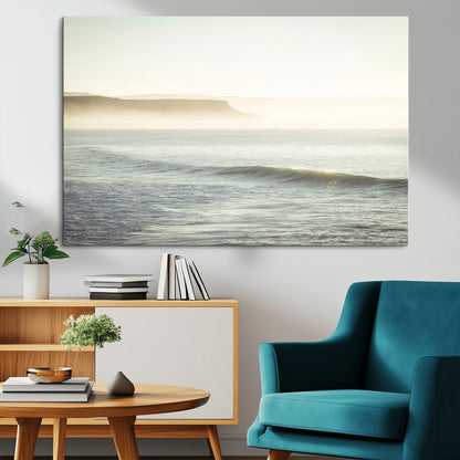 Canvas of a misty ocean scene with coastal cliffs and soft neutral tones, ideal for Scandinavian coastal or minimalist nature-inspired home decor.