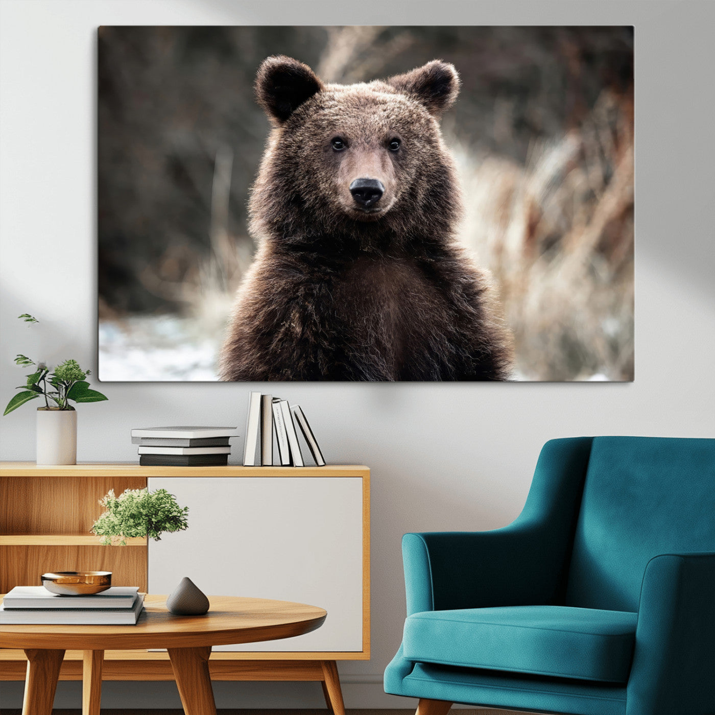 Canvas of a brown bear in soft earthy tones and moody forest light, ideal for rustic cabin or woodland nature-themed home decor.
