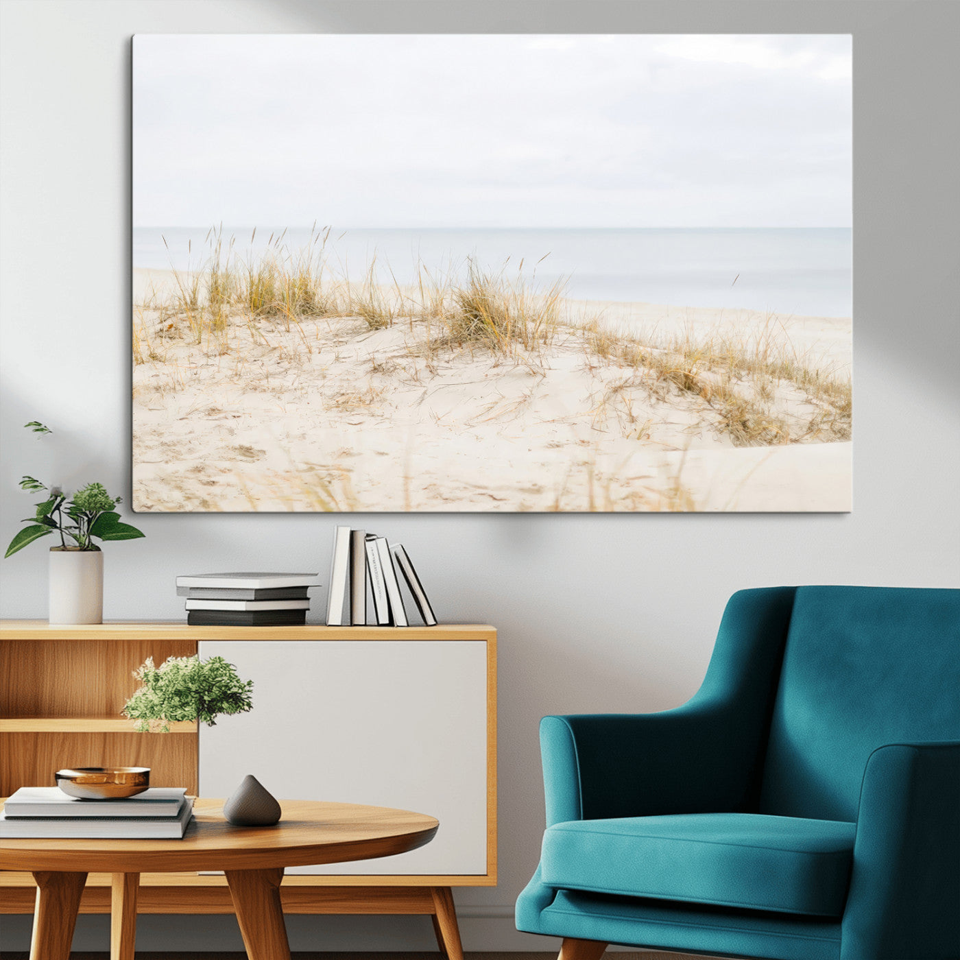 Canvas of soft beach dunes and coastal grasses in neutral tones, perfect for Scandinavian coastal or minimalist nature-inspired home decor.   2/2