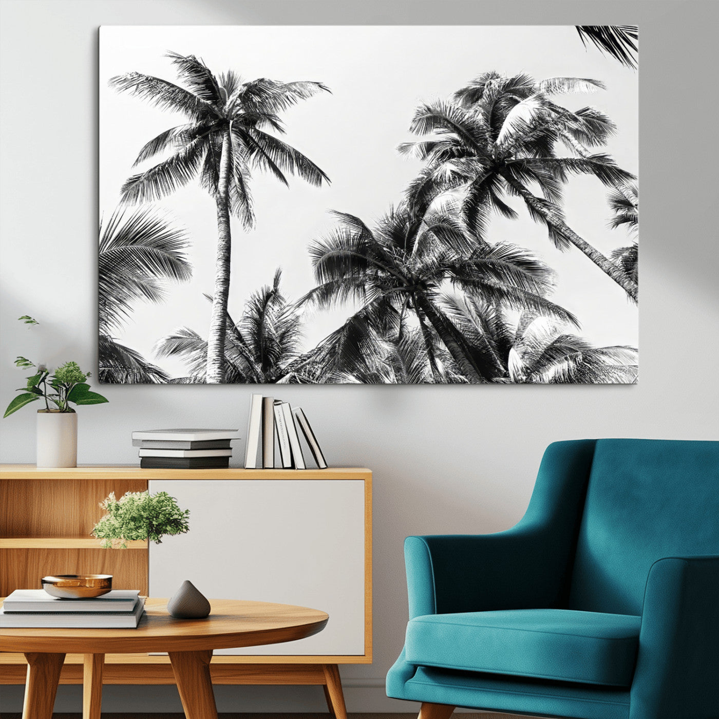 Black and white canvas of tall palm trees in moody tones, perfect for modern tropical minimalist or coastal-style home decor.