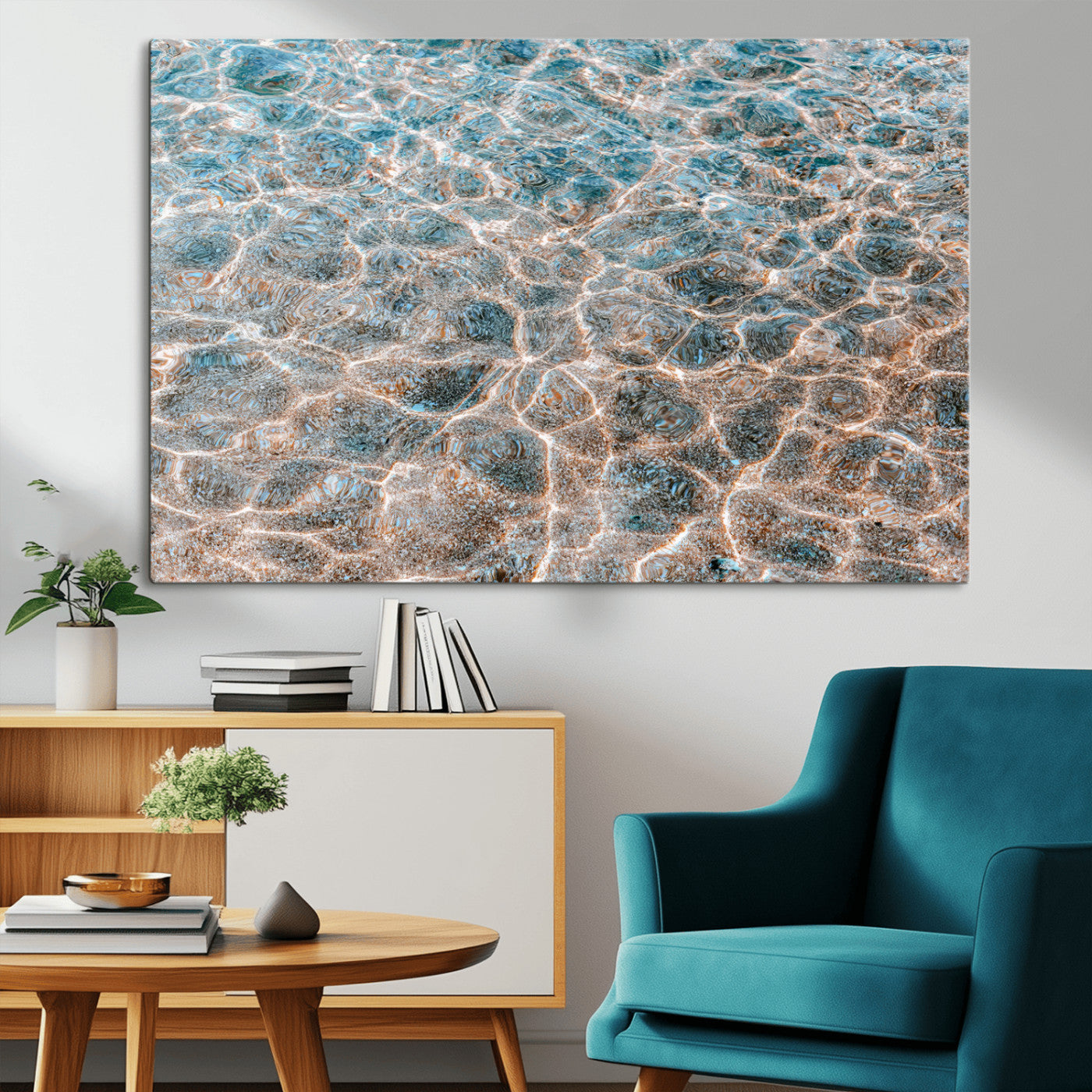 Close-up of sunlit ocean ripples with aqua blue and golden tones, ideal for modern coastal or minimalist home decor.