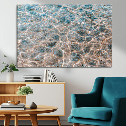 Close-up of sunlit ocean ripples with aqua blue and golden tones, ideal for modern coastal or minimalist home decor.
