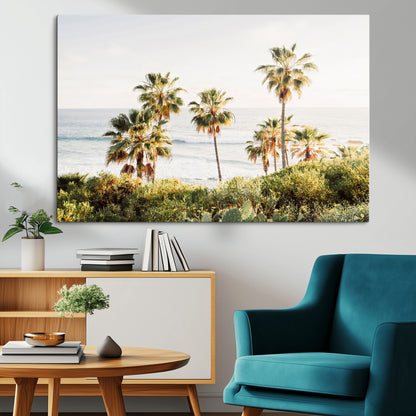 Framed print of sunlit palm trees on the California coast with warm tones, perfect for coastal minimalist or beach-style home decor.