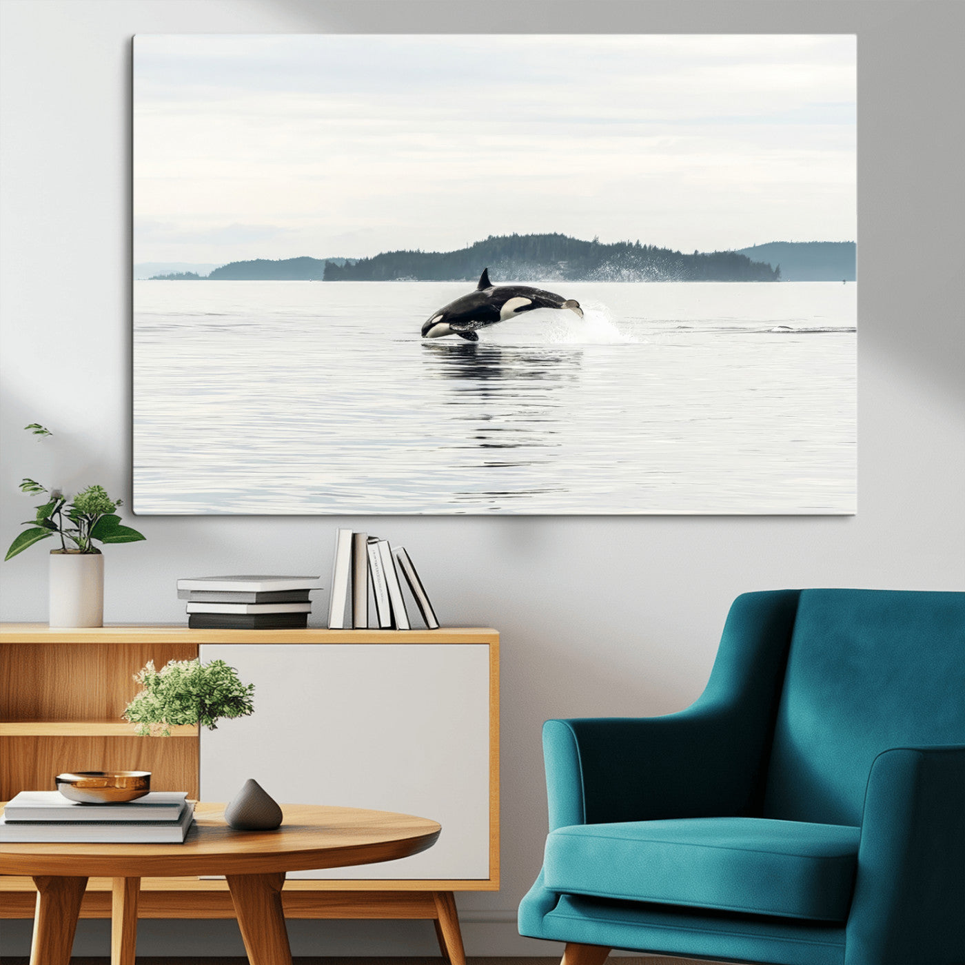 An orca jumping out of calm ocean waters with a misty island in the background, creating a serene and minimalist marine wildlife scene.