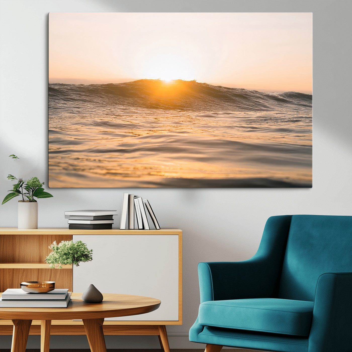 Ocean waves glowing under a warm golden sunset, reflecting soft light and calm movement, perfect for warm minimalist coastal interiors.