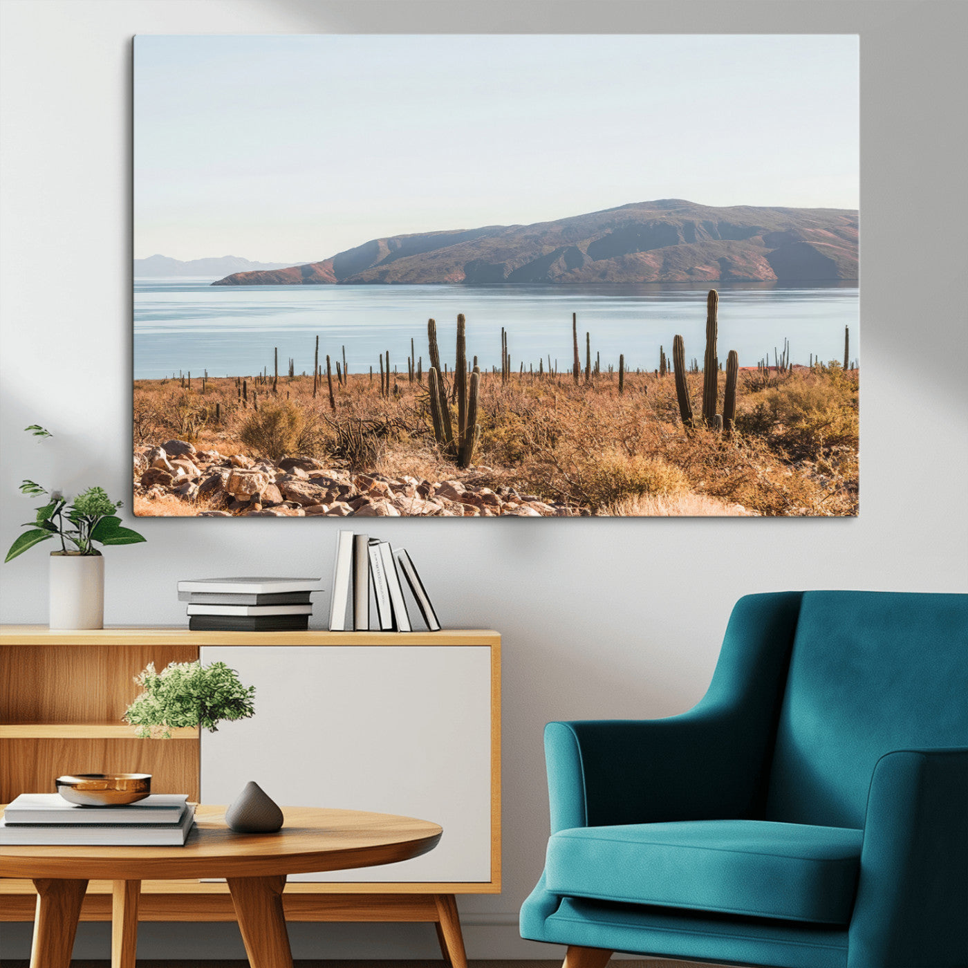 Warm desert landscape with cacti and coastal mountains, perfect for southwestern or earthy calm-themed home wall decor.