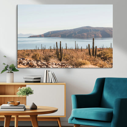 Warm desert landscape with cacti and coastal mountains, perfect for southwestern or earthy calm-themed home wall decor.