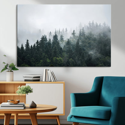 A misty evergreen forest shrouded in soft fog, creating a tranquil and moody landscape with lush green trees fading into the distance.