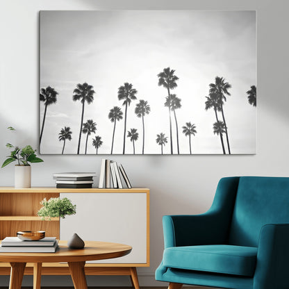 A black and white minimalist scene featuring tall palm trees silhouetted against a bright sky, creating a dreamy and timeless tropical aesthetic.