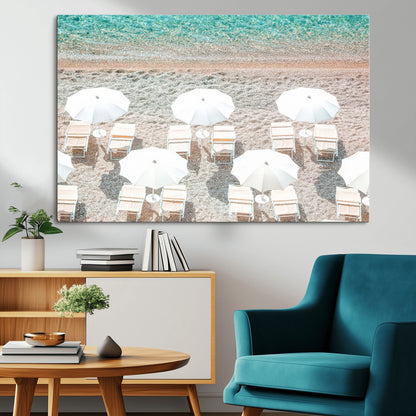 A bright beach scene with white umbrellas, pastel sand, and turquoise waters, creating a tranquil coastal vibe, perfect for beach house or summer decor.