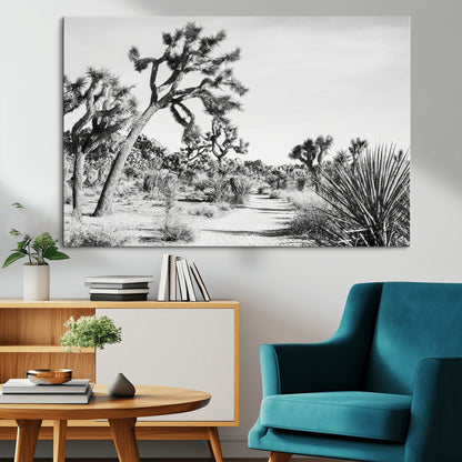 Canvas of a Joshua Tree forest in black and white tones, featuring a desert path and spiky vegetation, ideal for minimalist or rustic decor.