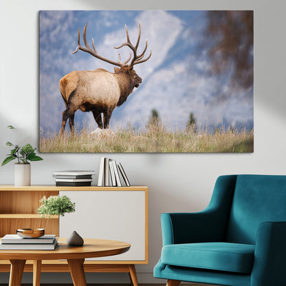 Elk with antlers standing on grass with mountain background, ideal for rustic, cabin, or lodge-inspired wall decor.
