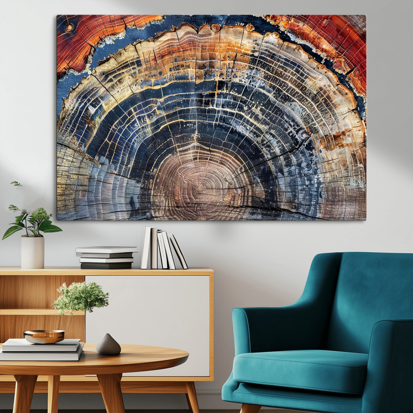 Vibrant tree ring with orange, brown, and blue tones in abstract detail, perfect for rustic or boho-inspired wall decor.
