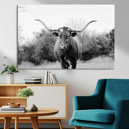Black and white photo of a longhorn cow in a field, perfect for rustic farmhouse or western-themed interior wall decoration.