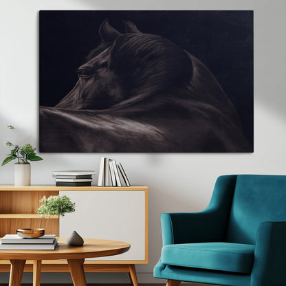 Close-up of a black horse with dramatic lighting on a dark background, perfect for rustic or masculine home decor.