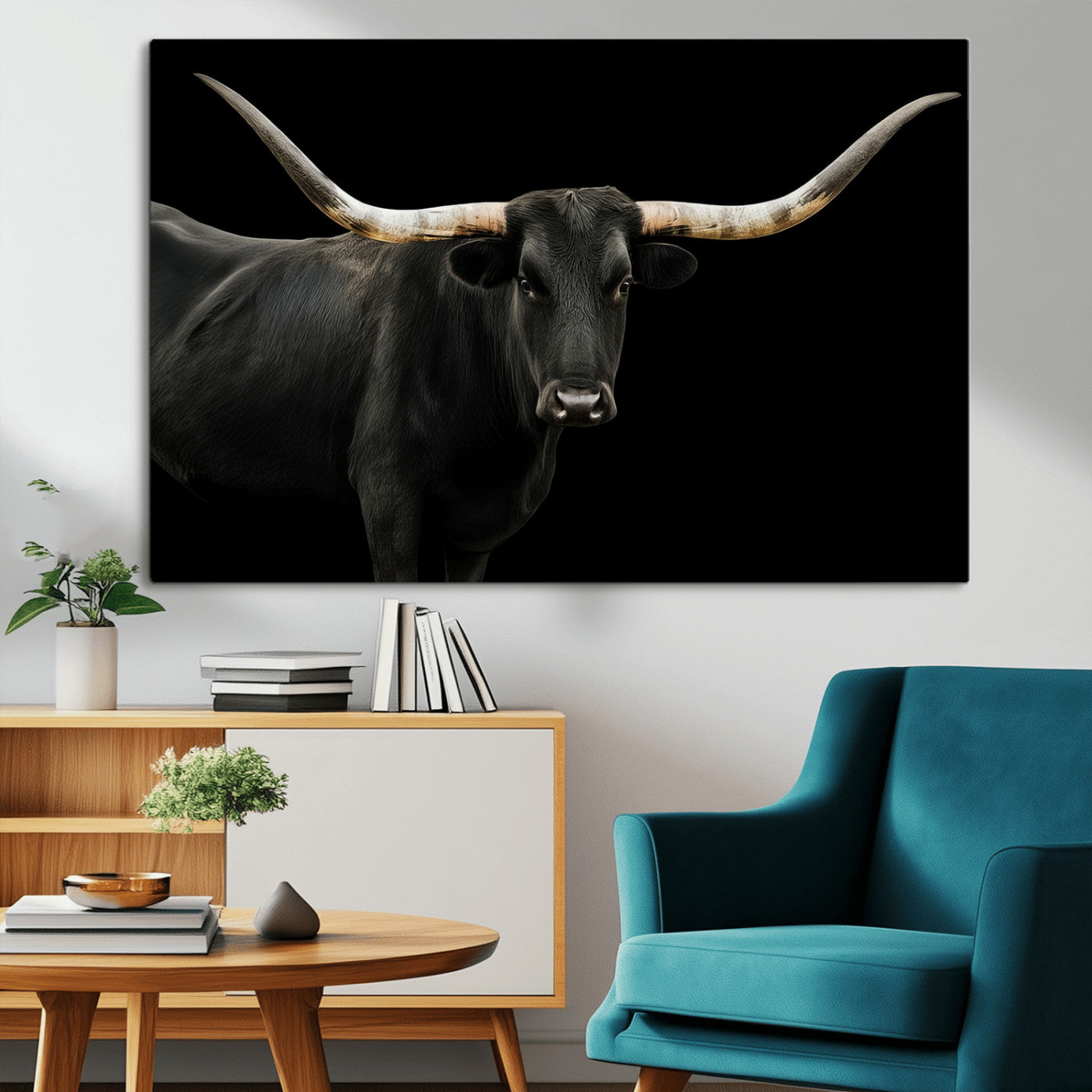 Close-up of a black Texas longhorn with large curved horns on black background, ideal for rustic farmhouse or modern western interiors.