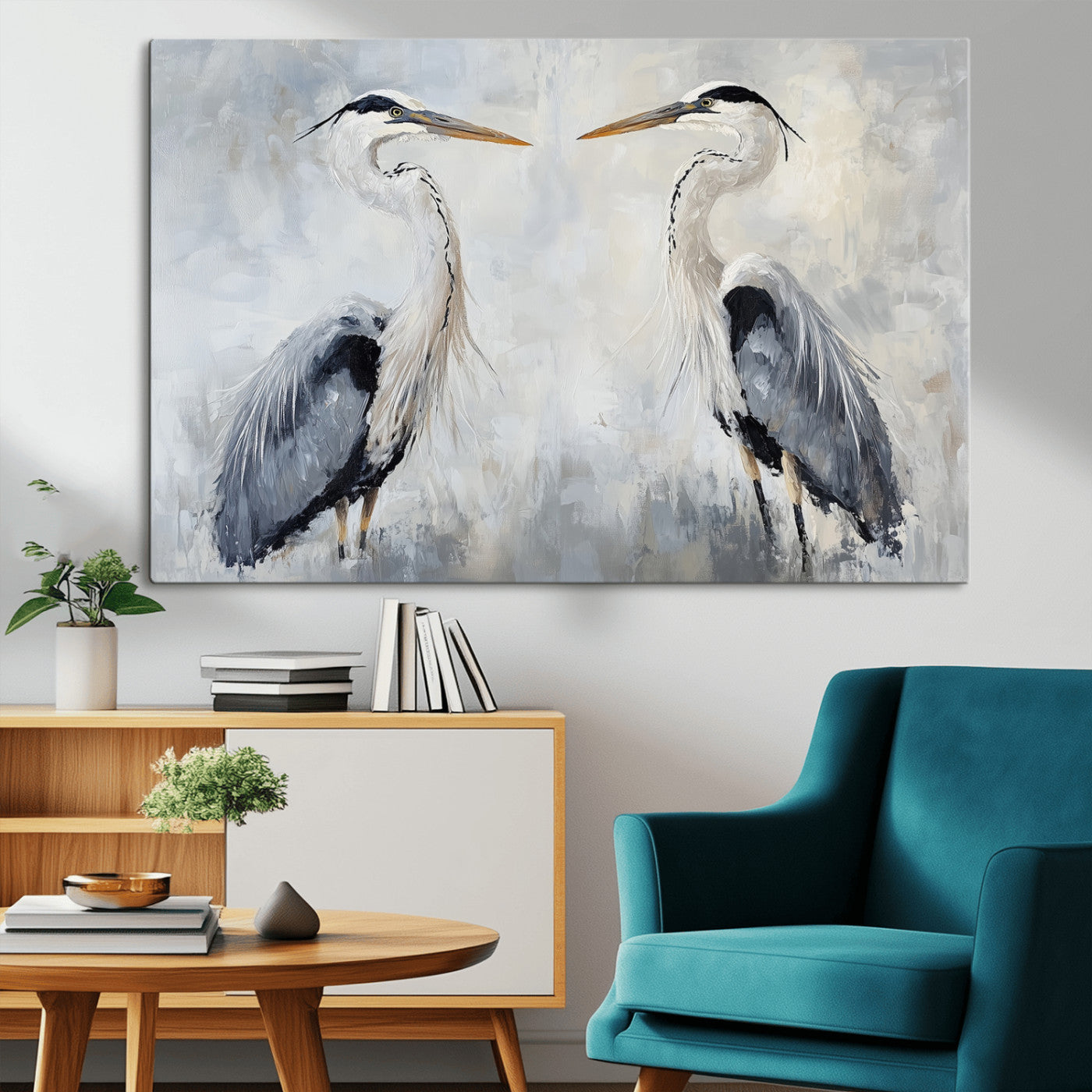 Two herons facing each other on a soft-toned background with blue-grey feathers, perfect for tranquil, coastal or nature-themed interiors.
