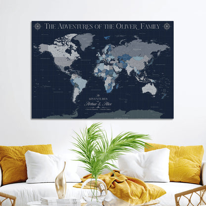11352707-MGV-CV-36X24-Custom Push Pin World Map Wall Canvas Print – Personalized Travel Tracker with Pins – Framed Large Multi-Size Canvas for Home Office Decor