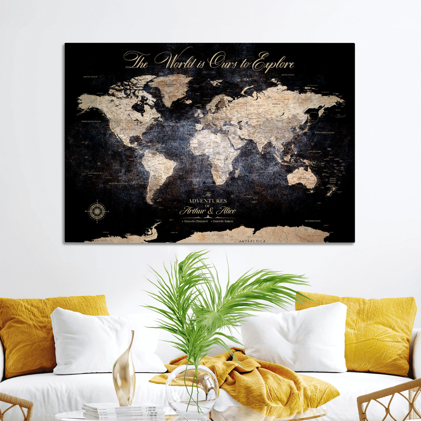 '-Customize Push Pin World Map Wall Canvas Print, Personalized Travel Tracker with Pins, Framed Large Canvas for Home Office Decor - H37