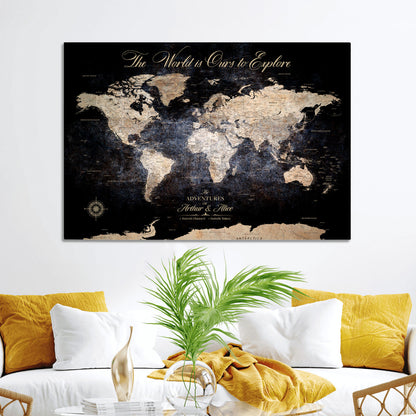 '-Customize Push Pin World Map Wall Canvas Print, Personalized Travel Tracker with Pins, Framed Large Canvas for Home Office Decor - H37