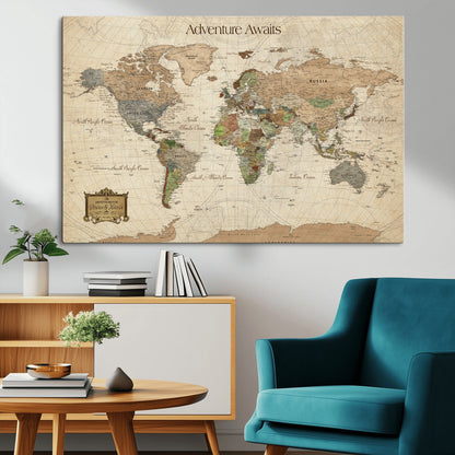 Custom Push Pin World Map Wall Canvas Print – Personalized Travel Tracker with Pins – Framed Custom Quotie Canvas for Home Office Decor
