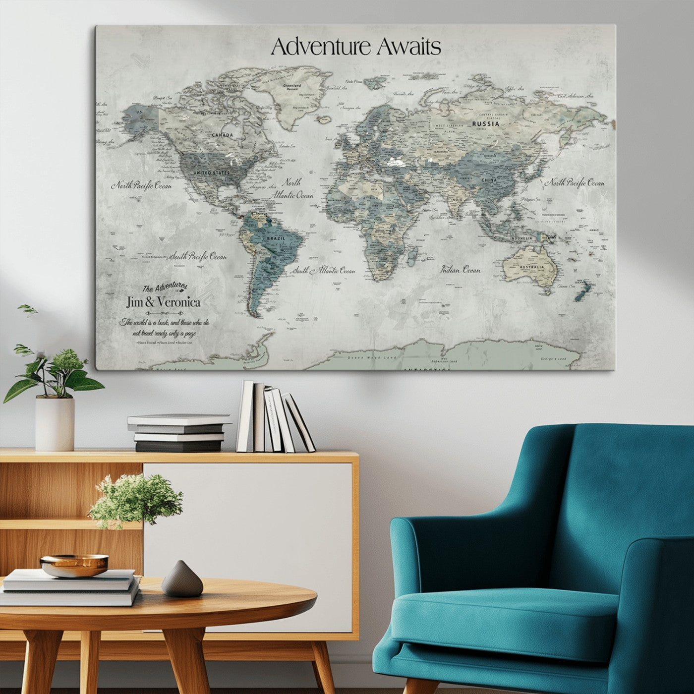 Customize Push Pin World Map Wall Canvas Print – Personalized Travel Tracker with Pins – Framed Custom Quotie Canvas for Home Office Decor