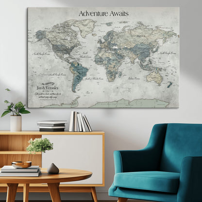 Customize Push Pin World Map Wall Canvas Print – Personalized Travel Tracker with Pins – Framed Custom Quotie Canvas for Home Office Decor