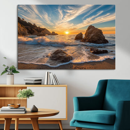Rocky Ocean Sunset Wall Art Print, Seaside Canvas Wall Art, Dramatic Seascape Canvas Print for Coastal Modern Decor, Ocean Sunset Art Printing