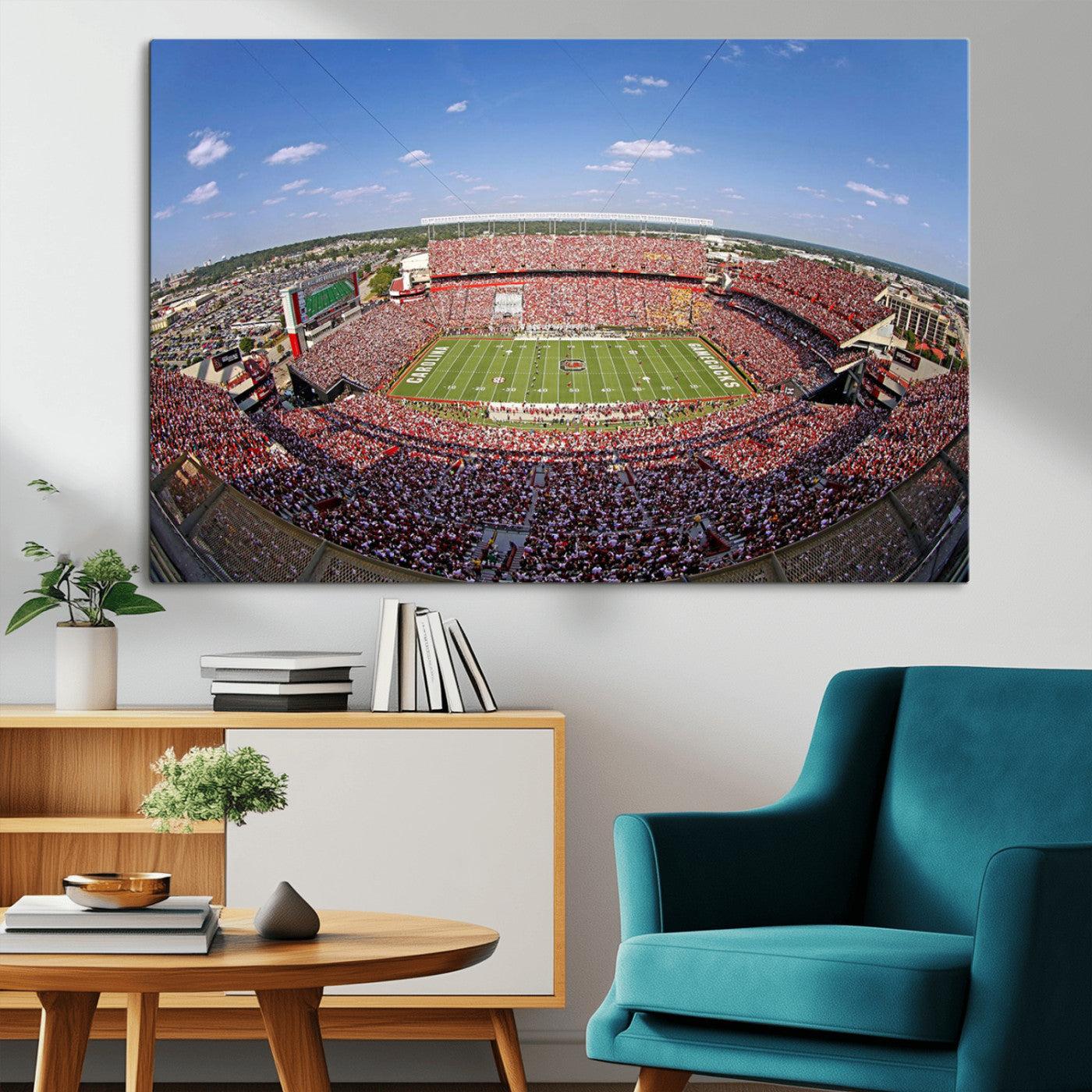 An William Brice-Stadium view of a full football stadium with cheering fans and clear blue skies, capturing the excitement and energy of the game.
