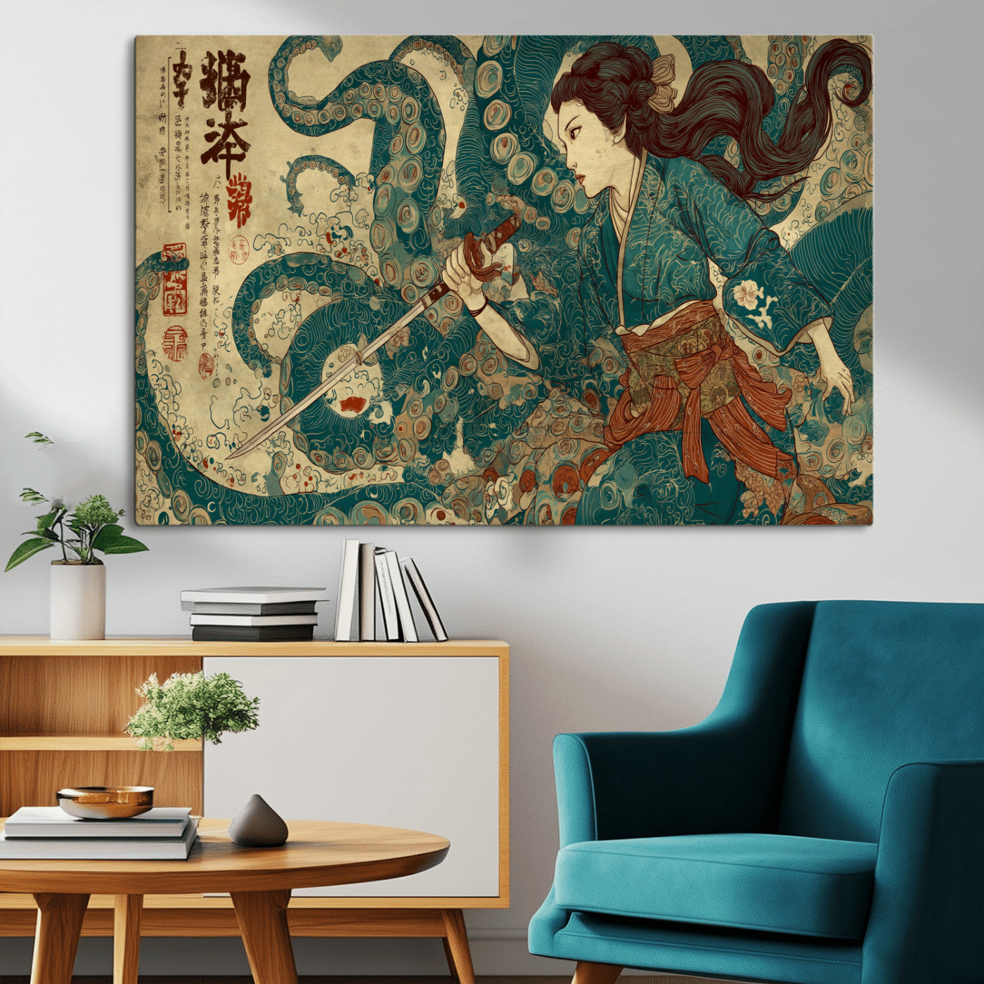 Tsukioka Yoshitoshi Samurai Wall Art Print, Japanese Katana Warrior Canvas Wall Art, Octopus Sea Monster Canvas Print,