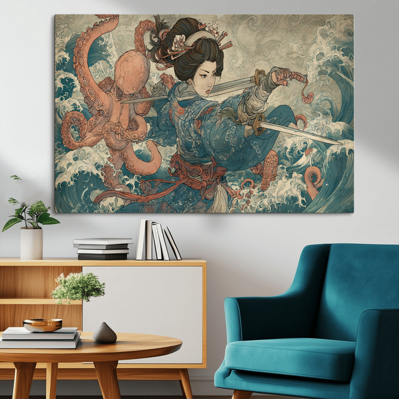 Tsukioka Yoshitoshi Samurai Wall Art Print, Japanese Katana Warrior Canvas Wall Art, Octopus Sea Monster Canvas Print,