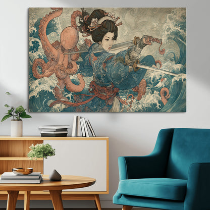 Tsukioka Yoshitoshi Samurai Wall Art Print, Japanese Katana Warrior Canvas Wall Art, Octopus Sea Monster Canvas Print,