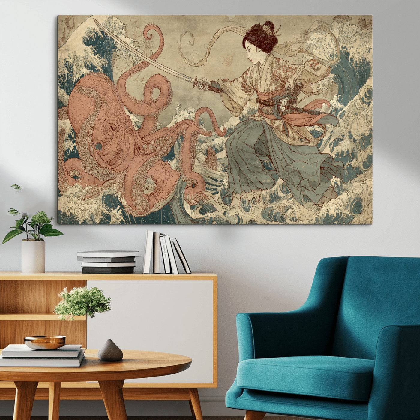 Tsukioka Yoshitoshi Samurai Wall Art Print, Japanese Katana Warrior Canvas Wall Art, Octopus Sea Monster Canvas Print,