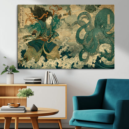 Tsukioka Yoshitoshi Samurai Wall Art Print, Japanese Katana Warrior Canvas Wall Art, Octopus Sea Monster Canvas Print,