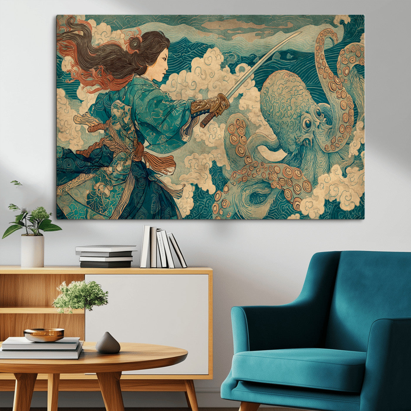 Tsukioka Yoshitoshi Samurai Wall Art Print, Japanese Katana Warrior Canvas Wall Art, Octopus Sea Monster Canvas Print,