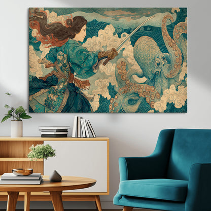 Tsukioka Yoshitoshi Samurai Wall Art Print, Japanese Katana Warrior Canvas Wall Art, Octopus Sea Monster Canvas Print,