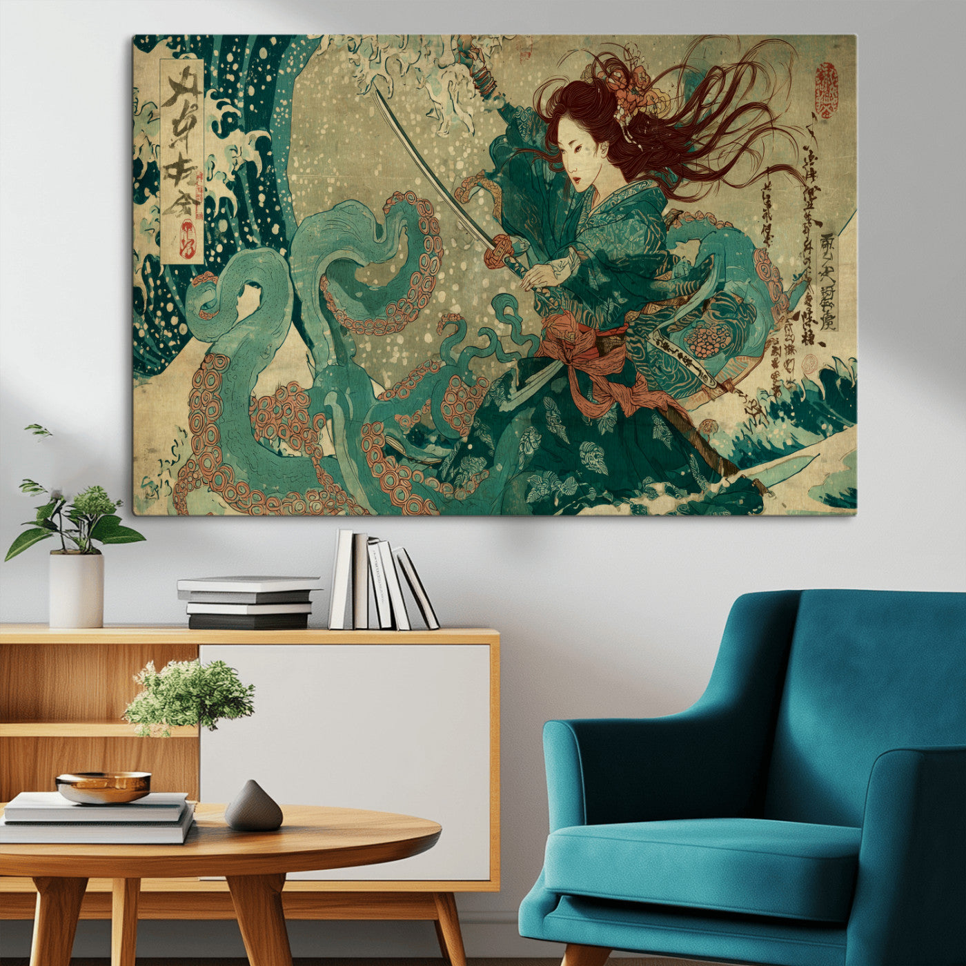 Tsukioka Yoshitoshi Samurai Wall Art Print, Japanese Katana Warrior Canvas Wall Art, Octopus Sea Monster Canvas Print,