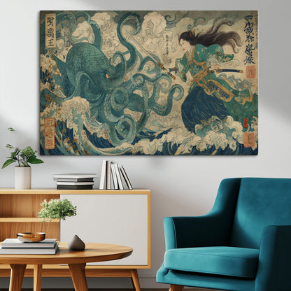Tsukioka Yoshitoshi Samurai Wall Art Print, Japanese Katana Warrior Canvas Wall Art, Octopus Sea Monster Canvas Print,