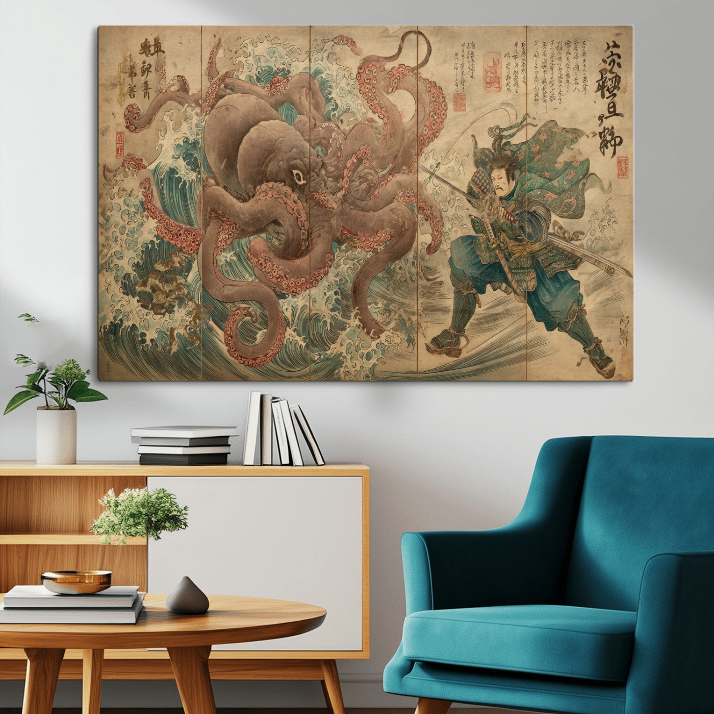 Tsukioka Yoshitoshi Samurai Wall Art Print, Japanese Katana Warrior Canvas Wall Art, Octopus Sea Monster Canvas Print,