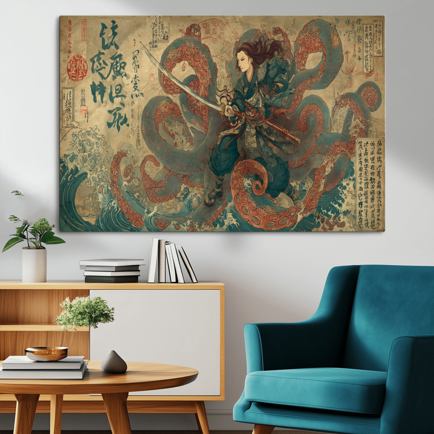 Tsukioka Yoshitoshi Samurai Wall Art Print, Japanese Katana Warrior Canvas Wall Art, Octopus Sea Monster Canvas Print,
