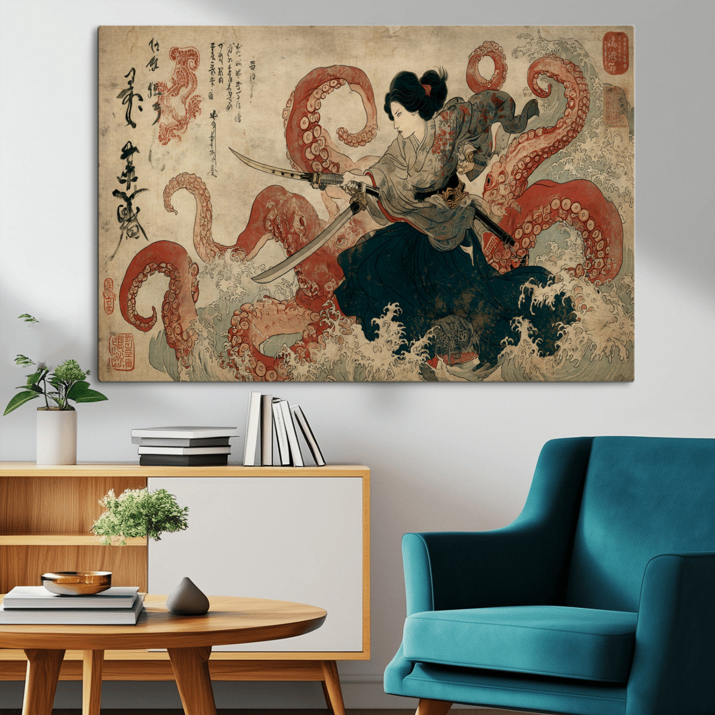 Tsukioka Yoshitoshi Samurai Wall Art Print, Japanese Katana Warrior Canvas Wall Art, Octopus Sea Monster Canvas Print,