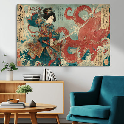 Tsukioka Yoshitoshi Samurai Wall Art Print, Japanese Katana Warrior Canvas Wall Art, Octopus Sea Monster Canvas Print,
