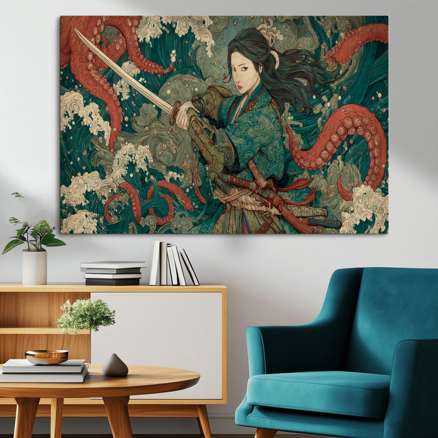 Tsukioka Yoshitoshi Samurai Wall Art Print, Japanese Katana Warrior Canvas Wall Art, Octopus Sea Monster Canvas Print,