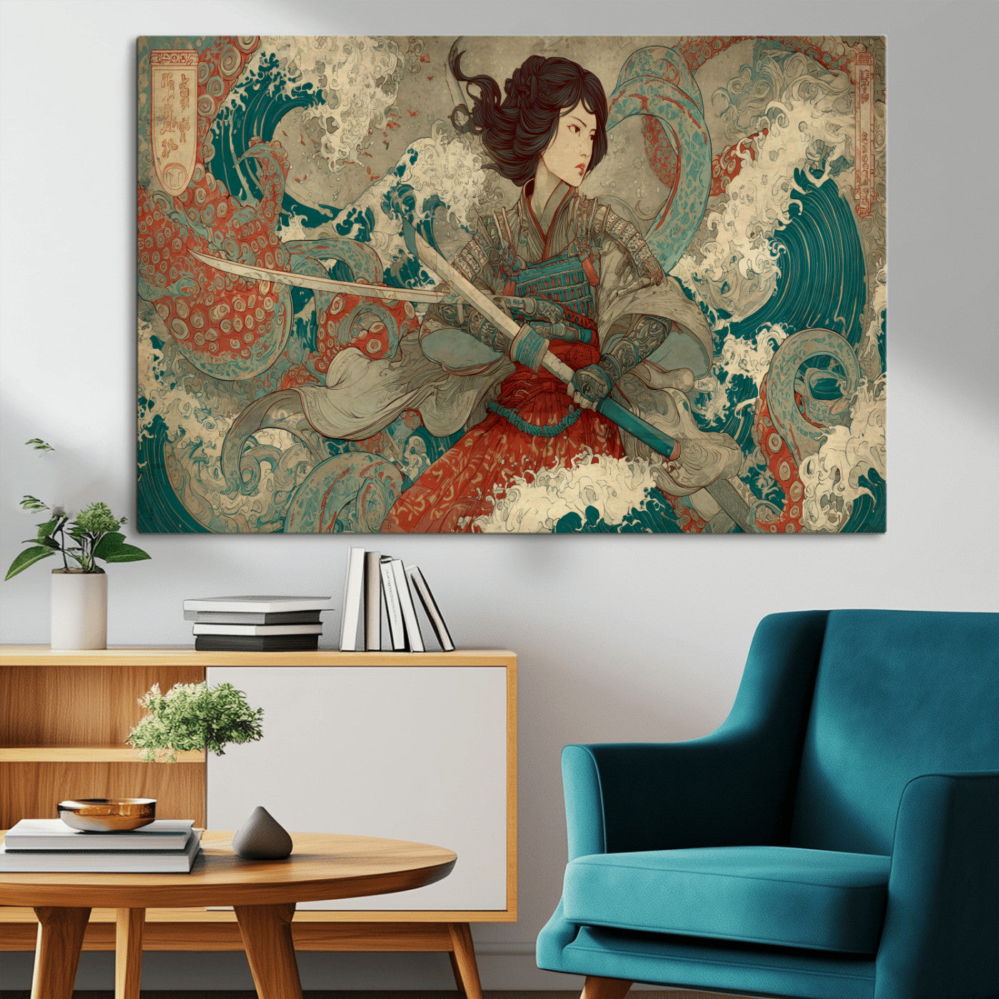Tsukioka Yoshitoshi Samurai Wall Art Print, Japanese Katana Warrior Canvas Wall Art, Octopus Sea Monster Canvas Print,