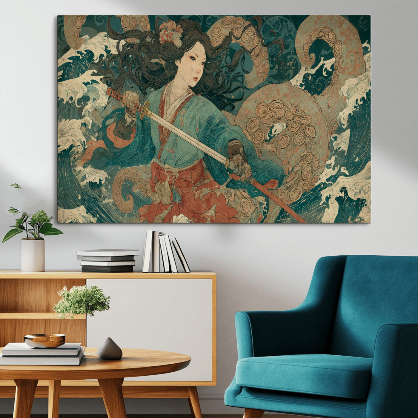 Tsukioka Yoshitoshi Samurai Wall Art Print, Japanese Katana Warrior Canvas Wall Art, Octopus Sea Monster Canvas Print,